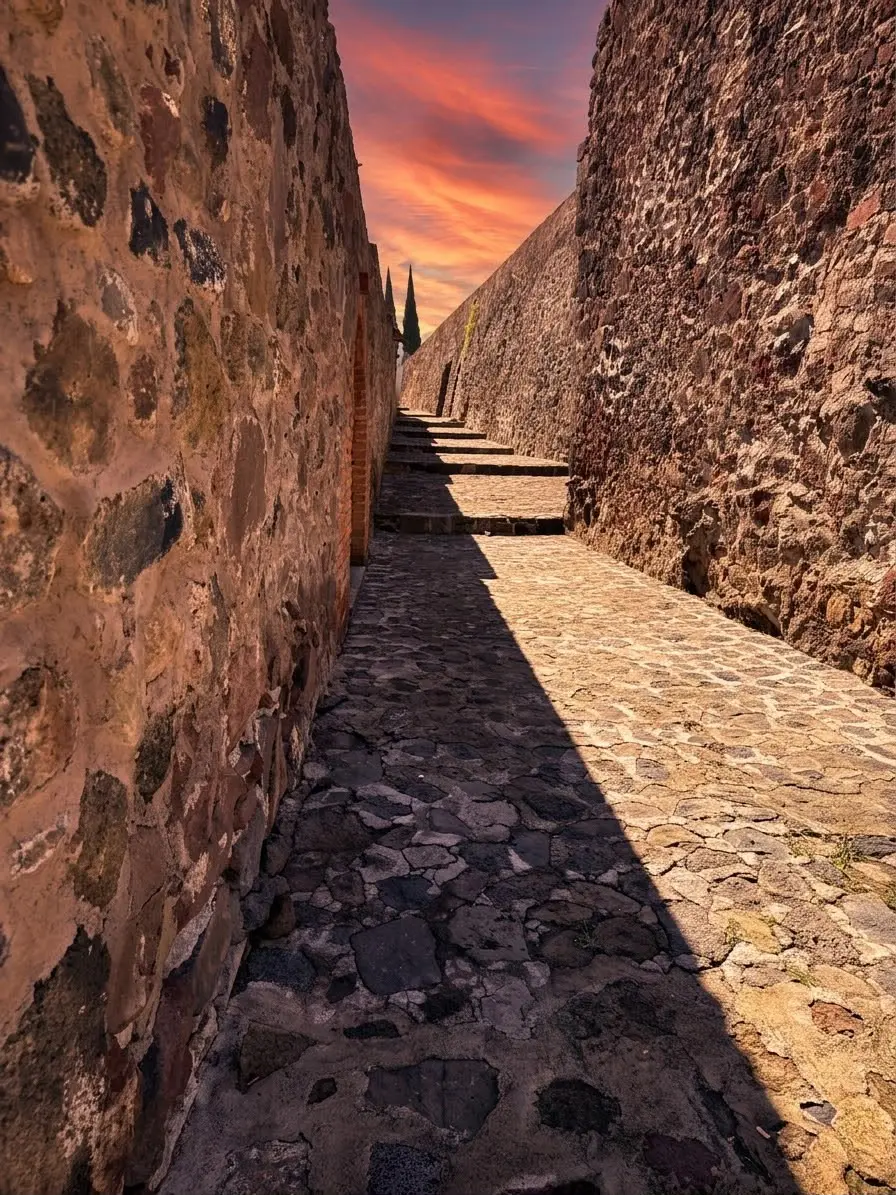 Callejón empedrado del Ex Convento al atardecer